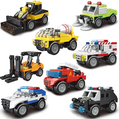 ENHANA 8PCS City Pull Back Car Building Blocks Set, Fire Truck Ambulance Building Block Engineering Vehicle Police Cars STEM Building Toys,Best Gift for Boy 373Pieces