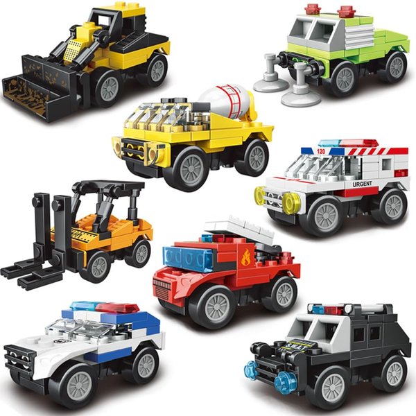 ENHANA 8PCS City Pull Back Car Building Blocks Set, Fire Truck Ambulance Building Block Engineering Vehicle Police Cars STEM Building Toys,Best Gift for Boy 373Pieces