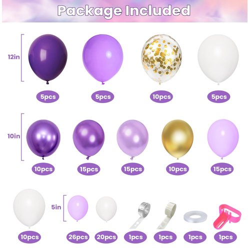 Amandir 150Pcs Purple Balloons Garland Arch Kit, Light Pastel Purple Gold White Balloons Confetti Latex Metallic Balloons for Women Birthday Baby Shower Wedding Party Decorations Supplies