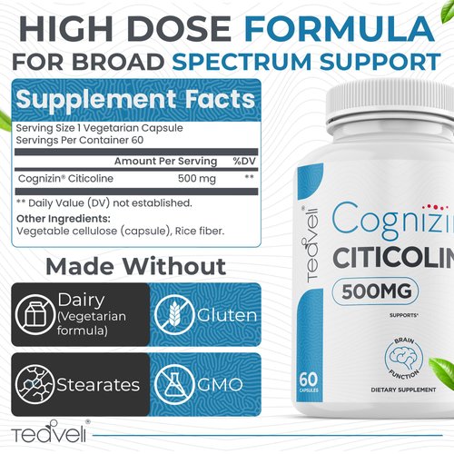 Teaveli Cognizin Citicoline- 500mg CDP Choline Capsules- Clinically Studied Brain Supplement to Support Clarity, Concentration and Memory – Most Bioavailable Form of Choline Supplements - 60 Servings