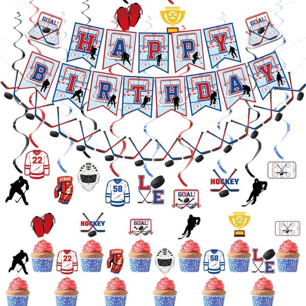 27 Pcs Hockey Birthday Party Supplies Ice Hockey Party Favors Hockey Banner Cupcake Toppers Hanging Swirls Hockey Party Decorations for Hockey Fans Birthday Party Decorations