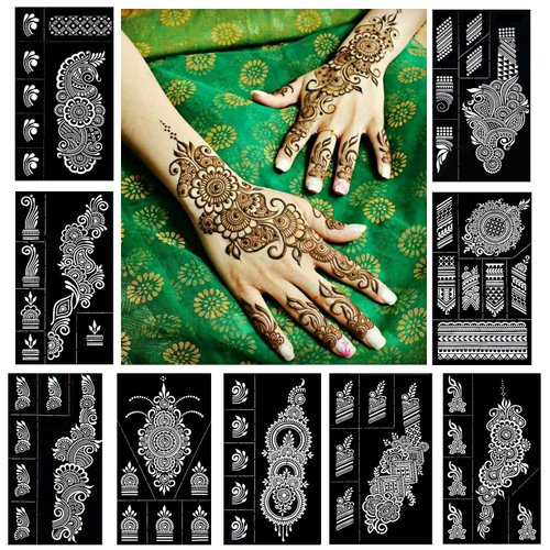QSTOHENA Reusable Henna Tattoo Stencils Kit, Mehendi Stencils for Hands Forearm Glitter Airbrush DIY Tattooing Template,9 Sheet Indian Temporary Tattoo Stickers for Women Girls（8.2" x 4.7"）