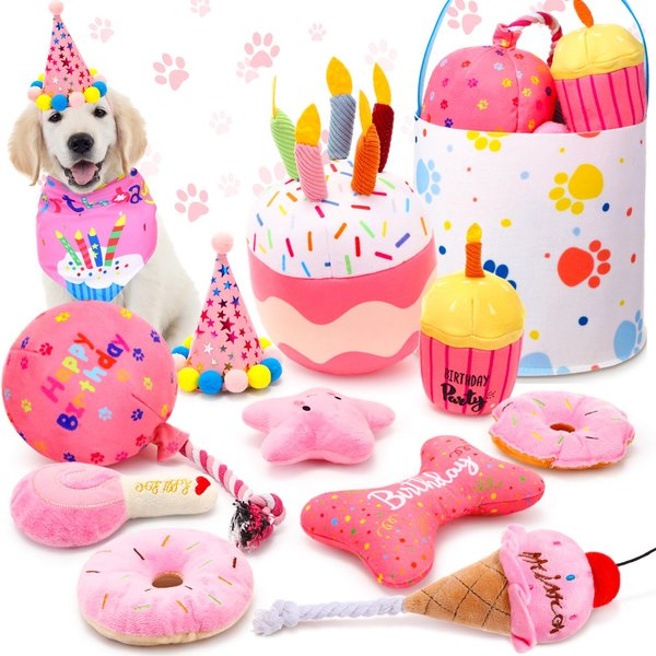 Glimin 12 Pcs Birthday Dog Toy Set Dog Squeaky Toys Pink Balloon Dog Toy Girl Plush Toy Birthday Cake Hat Bandana Toy Durable Teething Chew Toys for Training Teeth Dog Birthday Party Supplies