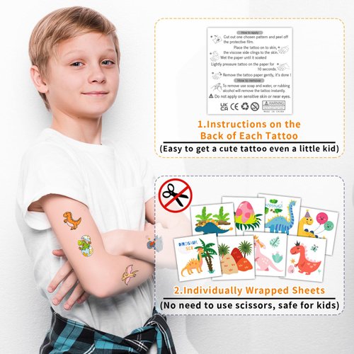 Partywind 408 PCS Dinosaur Kids Temporary Tattoos, Individually Wrapped Cut Tattoos for Dinosaur Party Supplies Favors, Boys Birthday Games Goodie Bag Stuffers, Dinosaur Decorations