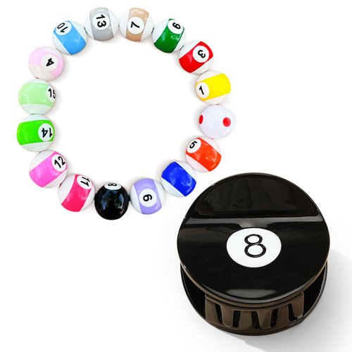 Billiard Ball Themed Acetate Hair Clip & Beaded Bracelet Set – For Women Girls Billiards Enthusiasts Gift