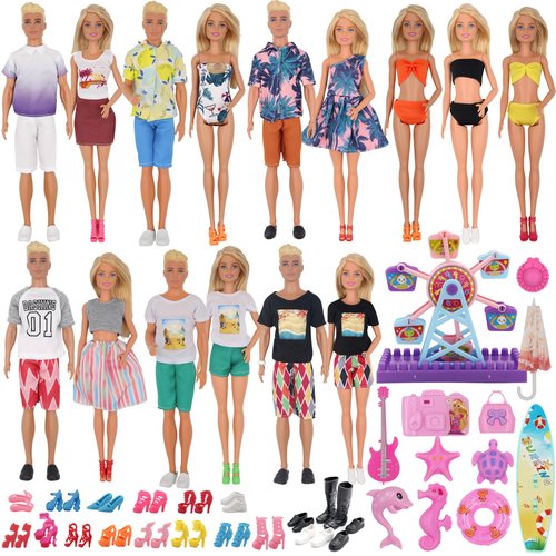 EuTengHao 78Pcs Doll Clothes and Accessories for 11.5 Inch Girl Doll and 12 Inch Boy Doll Includes 28 Wear Clothes Shoes and Couple's Clothes Sky Wheel Surfboard Hat for Summer Style Doll Accessories