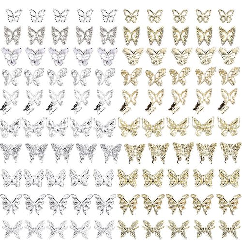 KACHIMOO 100 PCS Butterfly Nail Charms Silver Nail Butterfly Charms Gold Butterfly Charms Butterfly Charms for Nails 3D Nail Charms for Acrylic Nails