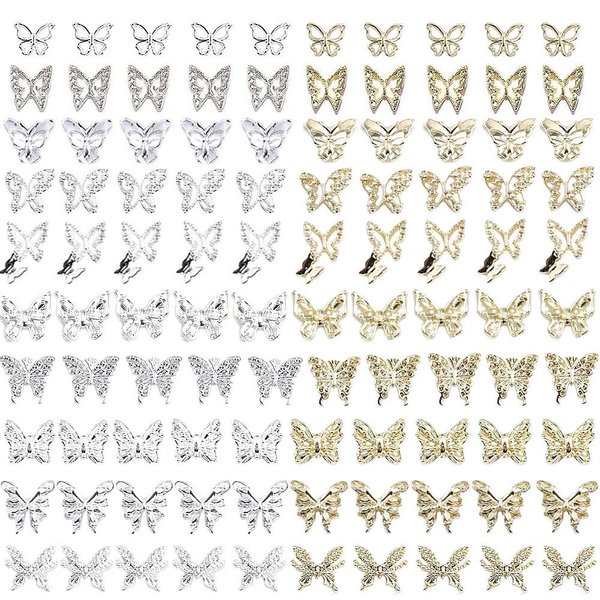 KACHIMOO 100 PCS Butterfly Nail Charms Silver Nail Butterfly Charms Gold Butterfly Charms Butterfly Charms for Nails 3D Nail Charms for Acrylic Nails