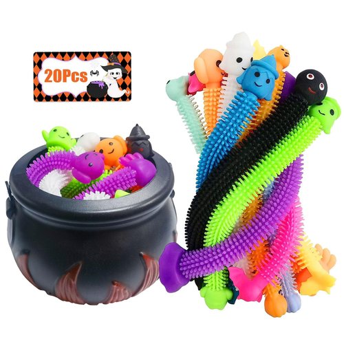 Cherislpy 5.5" Halloween Cauldron with 20 Pcs Stretchy Strings Stress Relief and Anti-Anxiety Toys Assortment for Kids Boys Girls Halloween Party Favors,Halloween Decorations
