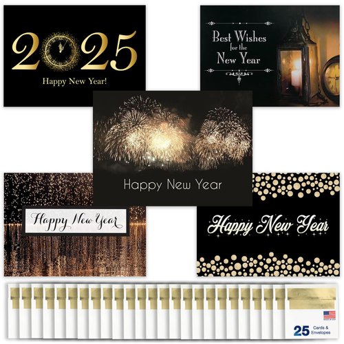 New Years Cards for Business & Family (Variety Pack - Gold) Bulk Greeting Card Set Pack of 25 Happy New Year Cards with Envelopes for 2025 (5x7 inch) Great for Office, Work Employees & Clients VP1505