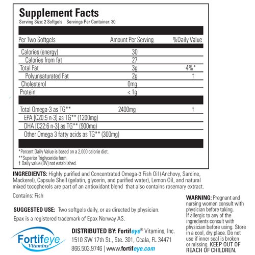 Fortifeye Vitamins Super Omega-3 Max Fish Oil, Lemon Flavor, Natural Triglyceride, 1200 EPA / 900 DHA Per Serv.- 30 Day, 60 Max Softgel Capsules