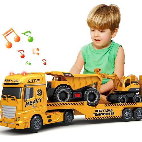 SpringFlower 3 4 5 6 Toddler Boy Toys, 25" Construction Carrier Truck Toy with Excavator and Dump Truck,3 in 1 Truck Boy Toy, Christmas Birthday Gifts for Kids 3 4 5 6 Years Old