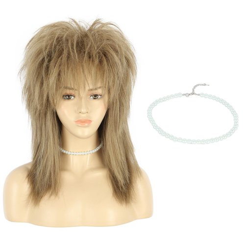 VGbeaty 70s 80s Mullet Wig Women Shoulder Length Straight Light Brown Wig with Necklace Rock Disco Cosplay Party Halloween Costume Wig