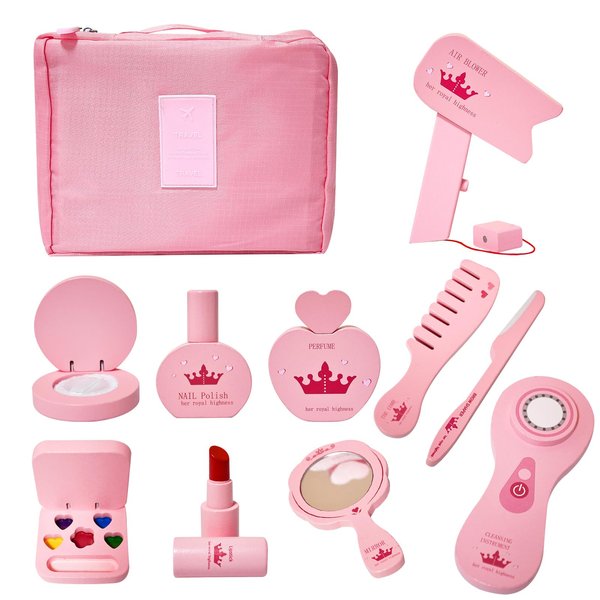 XUANYILAN Wooden Makeup Toy Set，Toddler Wooden Makeup Kit for Girls，Pretend Makeup Kit for Little Girls Gift Ages 3+