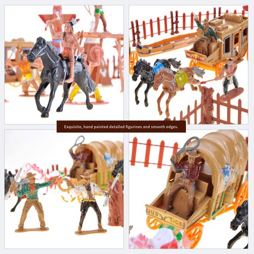 PowerTRC 58 Pcs Wild West Cowboys and Indians Plastic Figures Toys Play Set, Toy Figure Action Soldiers and Native American Accessories Figure Playset Birthday Gift