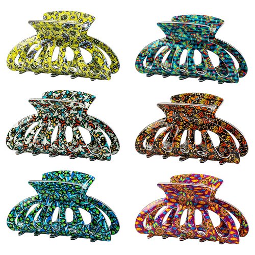 Cobahom 6Pcs 3.35 Inch Hollow Medium Hair Claw Clips for Thin Hair, Printed Butterfly Hair Clips for Hair Styling, Acrylic No-Slip Jaw Clamps for Women and Girls