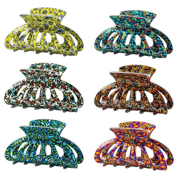 Cobahom 6Pcs 3.35 Inch Hollow Medium Hair Claw Clips for Thin Hair, Printed Butterfly Hair Clips for Hair Styling, Acrylic No-Slip Jaw Clamps for Women and Girls
