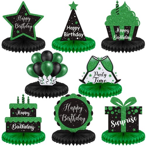 8 Pcs Birthday Centerpiece Table Decoration, Black and Green Happy Birthday Honeycomb Centerpieces Honeycomb Birthday Table Toppers for Men Women Party Supplies