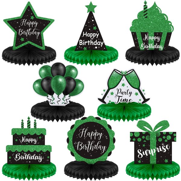 8 Pcs Birthday Centerpiece Table Decoration, Black and Green Happy Birthday Honeycomb Centerpieces Honeycomb Birthday Table Toppers for Men Women Party Supplies