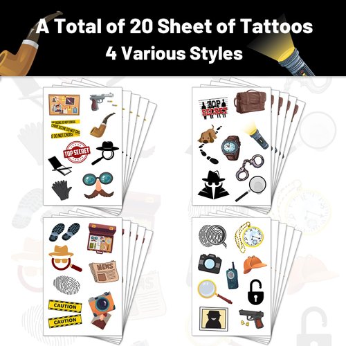 20 Sheets Secret Agent Spy Detective Temporary Tattoos, Mystery Detective Clue Party Favors Accessories Decorations Spy Game Kit for Kids Boys