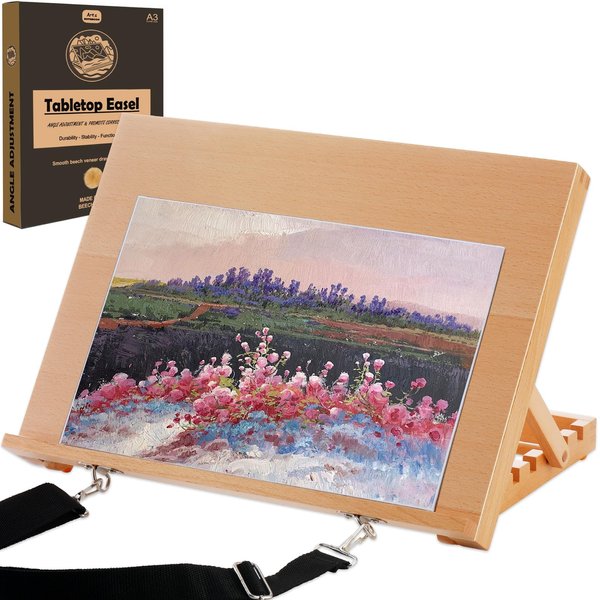 Tabletop Easel for Painting, A3 Adjustable Portable Beechwood Drawing Board with Detachable Strap, Drawing Art Easel for Sketching and Diamond Art - Upgraded