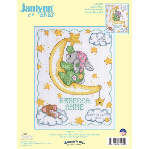 Janlynn Cross Stitch Kit, 14-Inch by 11-Inch, Crescent Moon Birth Announcement, White