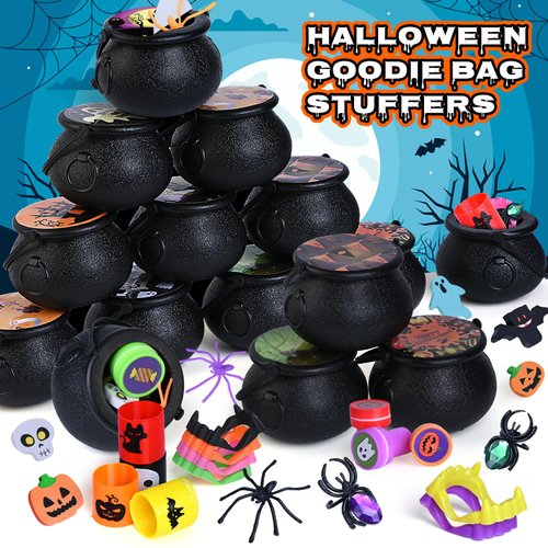ShyLizard Halloween Party Favors Bulk for Kids, 24 Pack Prefilled Witch Cauldrons with Halloween Toys for Halloween Party Supplies, Halloween Goodie Bag Fillers, Halloween Miniatures Novelty Toys
