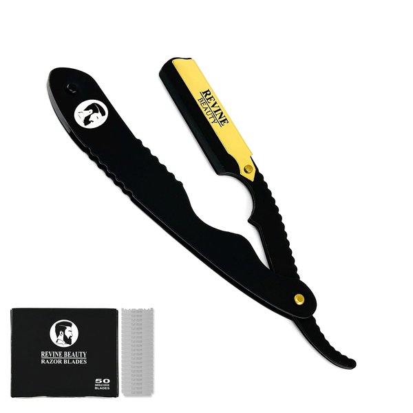 REVINE BEAUTY Straight Razor - Professional Cut throat Premium Quality Stainless Steel Shaving Razor, 50 Single Edge Blades Kit By Revine Beauty (Black Gold) 1 1.0 Count
