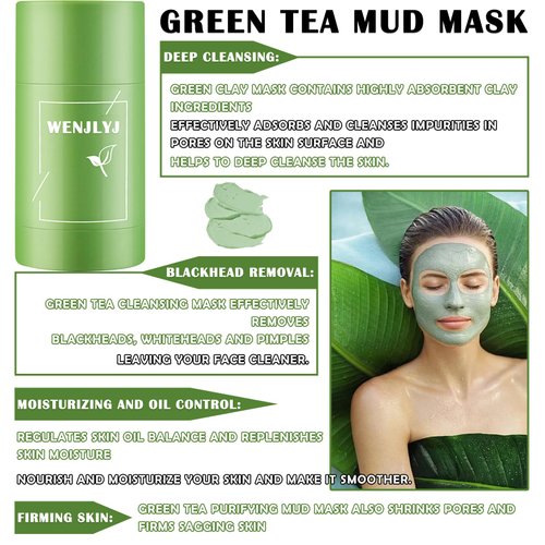 WENJLYJ Green Tea Clay Mask Stick,Moisturizing Clay Mask Stick for Face,Deep Cleanse Face Mud Mask for Men and Women,All Skin Types