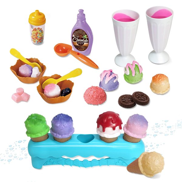 Kidzlane 34 Piece Ice Cream Play Set - Color Changing Scoops and Toppings - Fun Toddler Pretend Play Toy for Kids - Includes Cones, Cups, and Accessories for Ages 3 and Up