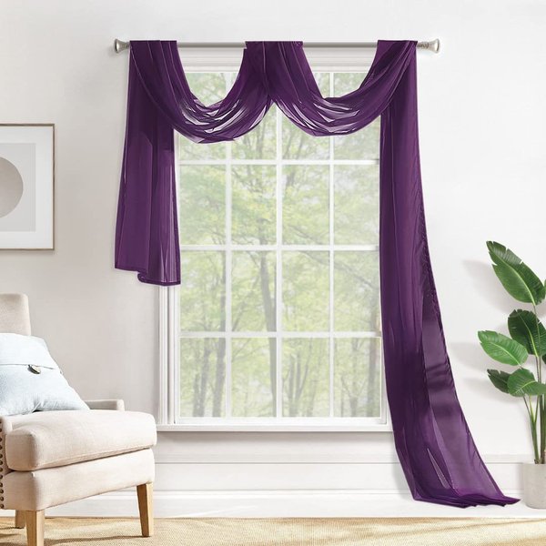 MIULEE Luxury Window Scarf Sheer Voile Elegant Topper Long Window Valance Solid Window Treatment Swags Drapes for Window Ceremony Wedding Canopy Bed 54" x 216" Plum Purple