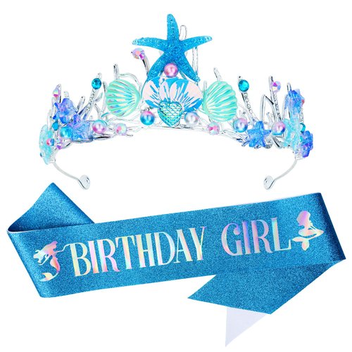 YARIEW Mermaid Crown and Birthday Sash for Women Hair Accessories Tiara for Women Mermaid Birthday Party Decorations Gifts