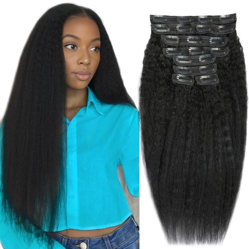 16 Inch Kinky Straight Clip in Hair Extensions Seamless Clip ins Hair Extensions Real Human Hair ...