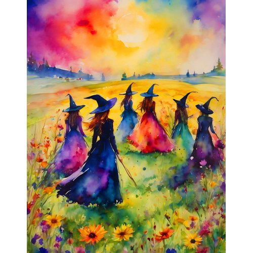 Springbok's Witches Gathering 500 Piece Puzzle for Adults is a Watercolor Image of Witches Gathering in a Blossoming Field