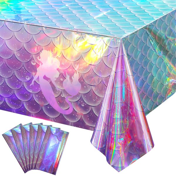 6Pcs Mermaid Iridescence Plastic Tablecloths,Mermaid Laser Table Cloths Holographic Foil Disposable Table Cover for Girls Birthday Wedding Disco Holiday Mermaid Themed Party Decorations 54 x108 inch
