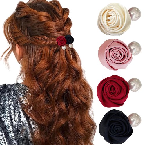 BASEMMAHER 4Pcs Mini Rose Pearl Hair Clips Satin Flower Bangs Side Hairpins Vintage Floral Hair Barrettes Hair Accessories for Women Girls Wedding Beach Party Hairpieces Décor