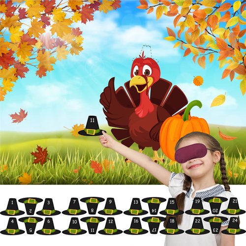 HRENCY Pin The Hat on The Turkey Game Thanksgiving Party Games for Kids Thanksgiving Games Fall Festival Games for Kids Thanksgiving Turkey Pin Game Turkey Party Supplies Activities