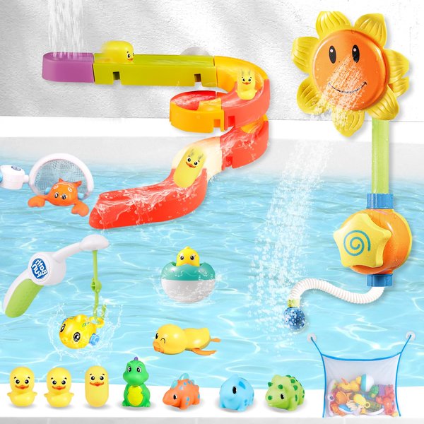 Bath Toys, Bathtub Toy with Shower Head, Slide Track for Toddles and Babies, Mold Free Floating Toy, Fishing Game, No Hole Dinosaur Fun Bath Time Gift Toys Girls Boys Ages1-3