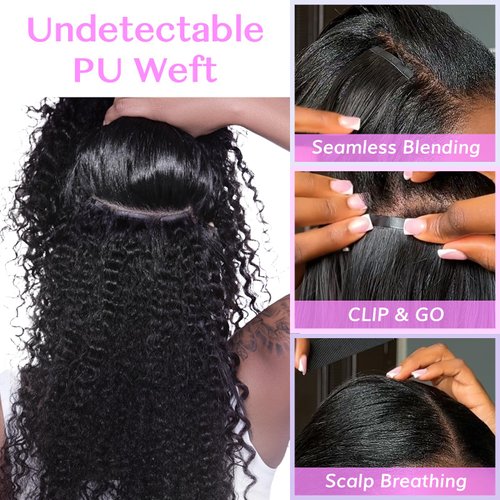 IDN BEAUTY Seamless Clip In Hair Extensions Human Hair, 3c 4a 4c Afro Kinky Curly 14 Inch 110g 7pcs Natural Black Seamless Curly Clip Ins Remy Hair Seamless Clip Ins For Black Women PU Invisible Edge