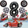 Stcomart 8 PCS Race Car Party Decorations, Black Number 8 Balloon Checkered Balloons Tire Balloons for Boys 8th Birthday