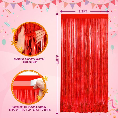 Red Metallic Tinsel Foil Fringe Curtains Backdrop 2Pack 3.3x8.3Ft Red Party Streamers for Birthday Party Decorations Halloween Christmas Decors Foil Curtain Backdrop for Bachelorette Wedding Decors