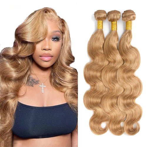 Honey Blonde Bundles Body Human Hair Color 27 Blonde Human Hair Body Wave Bundles Real Unprocessed Human Hair 3 Bundles Blonde Body Wave Bundles Wet And Wavy Weave Bundles 18 20 22 inch