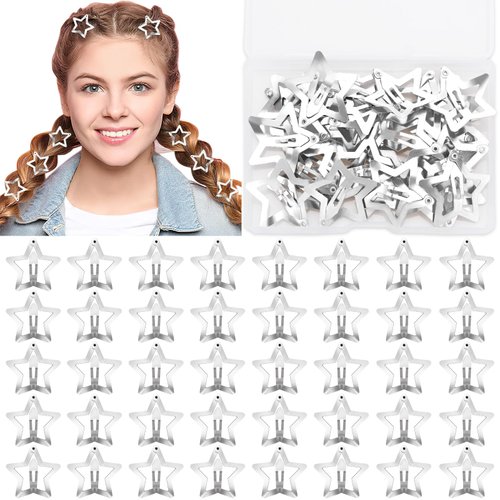 JUNEBRUSHS 40 Pieces Silver Star Hair Clips Non-Slip Star Barrettes for Girls and Women Metal Star Snap Clips Hair Accessories for School Work Parties Accessories