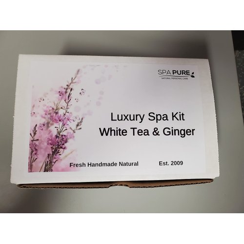 Spa Pure Luxury Spa Kit - 3 XL Bath Fizzies, 2 XL Shower Steamers, 3.5 oz Whipped Soap Scrub, Goat Milk Soap, Shower Gel (White Tea & Ginger)