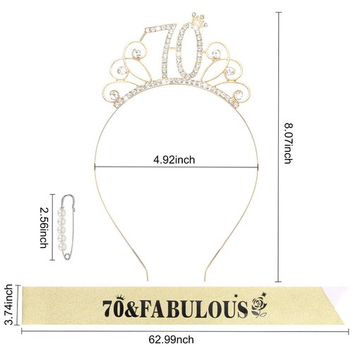 YARIEW 70th Birthday Headband and Birthday Sash + Pearl Pin Set, 70 & Fabulous Crown and Sash, Happy 70th Birthday Decorations for Women, 70th Birthday Gifts for Women, 70th Birthday Party Favor
