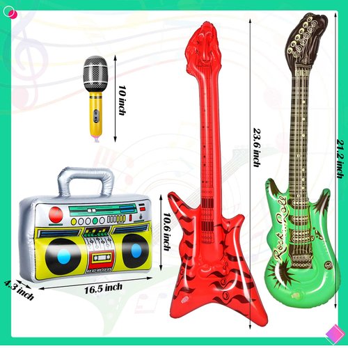 BBTO 15 Pcs Inflatable Rock Star Toy Set 23.6 Include 23.6 Inch Inflatable Rock Electric Guitar, Inflatable Bass Guitar, Inflatable Microphones, Inflatable Radio Boombox Toys for Concert Theme Party