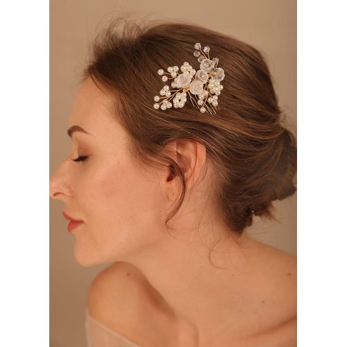 Denifery Flower Wedding Hair Comb Gold Pearls Hair Side Comb Bridal Crystal Hair Clips Hairpieces Wedding Hair Accessories for Brides and Bridesmaids