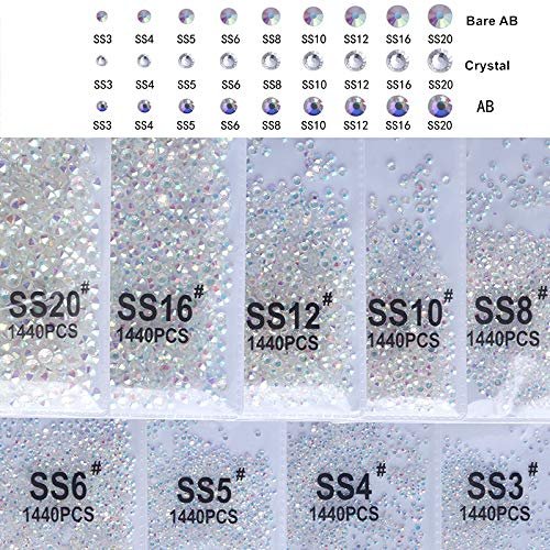 PrettyG 2880pcs SS12 Nail Crystals Bare AB Nail Art Sparkly Round Flatback Rhinestones, Non-Self-Adhesive Bab-S12
