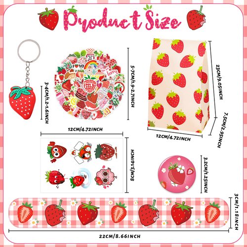 YYMYMGJ Strawberry Party Favors 110PCS Strawberry Theme Slap Bracelets Stickers Key Chains Badge Gift Bags Temporary Tattoos for Kids Baby Shower Berry First Birthday Party Supplies Decorations