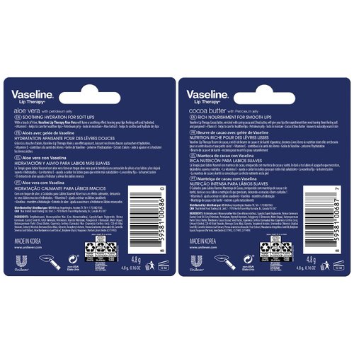 Vaseline Lip Therapy Variety 4-Pack – Cocoa Butter + Aloe Vera Moisturizing Lip Balm with Vitamin E, 0.16 Oz Ea